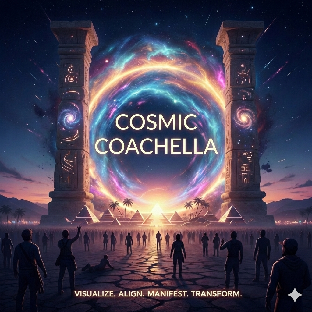 Cosmic Coachella portal between ancient pillars